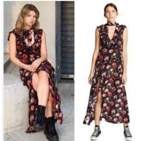 R13 LIBERTY OF LONDON Sz XS Black Pink Rose Floral Silk Dress Ruffle Slit - Picture 1 of 13